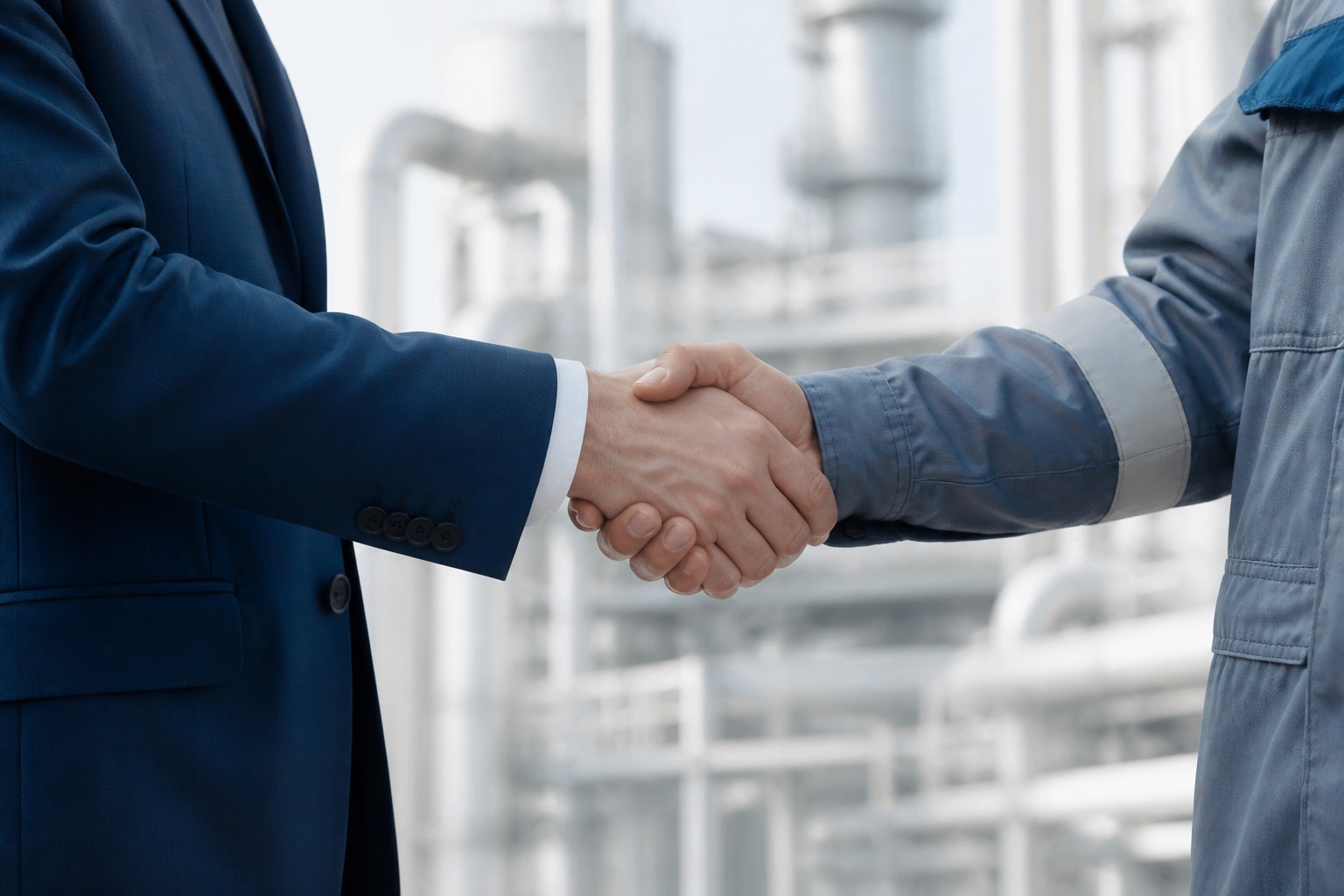 A corporate client and technical professional shaking hands in an industrial setting