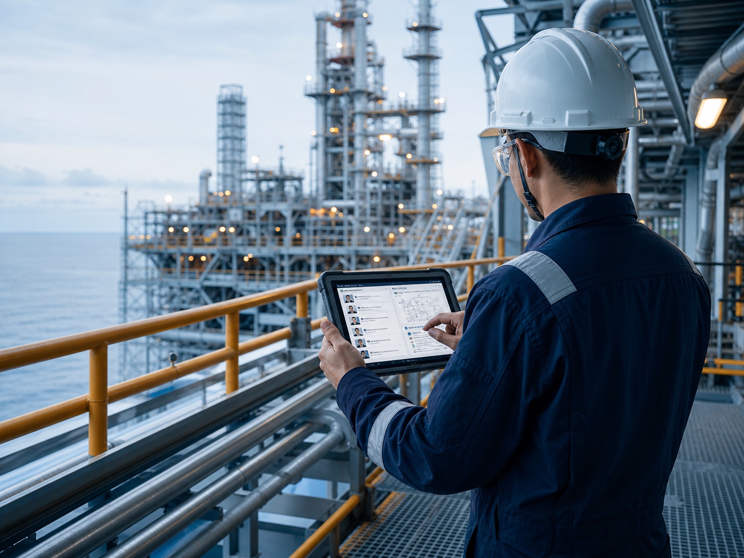 An oil and gas engineer reviewing technical expert matches on a tablet at an offshore facility